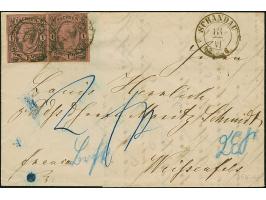 1 Ngr. auf mattgraurot (dunkel Nuance) im waagerechten Paar, unten berührt, sonst voll- bis breitrandig, teils leicht verfärb