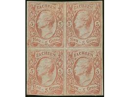 5 Ngr. scharlachrot im Viererblock, unten links berührt, sonst voll- bis breitrandig, ungebraucht mit großen Teilen des Origi