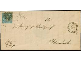 3 Kreuzer blau, allseits breitrandig, oben mit sichtbarer doppelter Trennungslinie, mit gMR "343" und nebengesetztem DKr. "NÜ