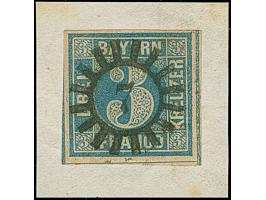 3 Kreuzer blau mit rotem Versuchsgummi von Altötting, voll- bis breitrandig, mit zentrisch klarem gMR "7" auf Briefstück. Sch