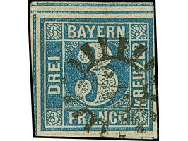 3 Kreuzer dunkelblau, voll- bis überrandig, oben mit vollständiger doppelter Trennungslinie (hier obligatorische leichte Falt