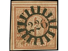 6 Kreuzer braunorange, voll- bis breitrandig, oben mit vollständiger doppelter Trennungslinie, sehr schön entwertet durch zen