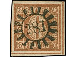 6 Kreuzer braunorange mit ausgefüllten Ecken, voll- bis meist breitrandig, unten links mit Teil der doppelten Trennungslinie,