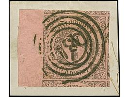 6 Kreuzer auf mattrötlichkarmin, überrandiges linkes Randstück mit Teilen aller 5 Nachbarmarken und links ca. 8 mm Bogenrand,