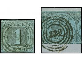 1 Silbergroschen auf graublau und 3 Kreuzer auf graublau, beide allseits überrandig mit Teilen aller 8 Nachbarmarken (sogenan