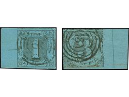 1 Silbergroschen auf graublau und 3 Kreuzer auf mittelgrünlichblau, beide überrandig mit Teilen aller Nachbarmarken und ca. 9