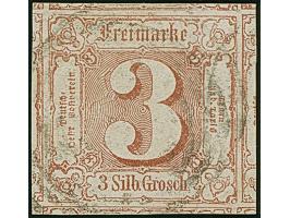 3 Silbergroschen bräunlichrot, farbfrisch und allseits überrandig, mit meist größeren Teilen aller 8 Nachbarmarken (sogenannt