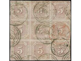 5 Silbergroschen braunpurpur im 9er-Block, oben etwas angeschnitten und rechts unten leicht berührt, sonst voll- bis überrand