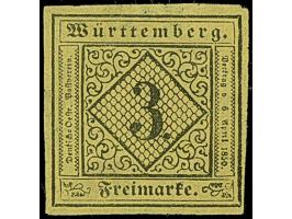 3 Kreuzer auf gelbem Seidenpapier, farbfrisch und voll- bis meist breitrandig, ungebraucht ohne Gummi. Ein schönes Stück der 