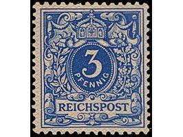 1890, Krone/Adler 3 Pfg. als Netzaufdruckprobe rosa auf dunkelblau, graublau auf karmin und grün auf graubraun, ungebraucht, 