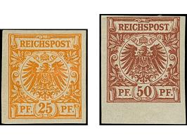 1890, Krone/Adler 25 Pfg. gelborange und 50 Pfg. lebhaftbraunrot &nbsp;als ungezähnte Farbproben, ungebraucht, in einwandfrei