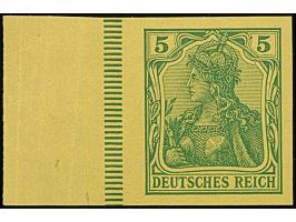 1902, Germania 5 Pfg. als ungezähnter Probedruck in Grün auf hellrötlichgelbem Papier ohne Gummierung, Randstück mit senkrech