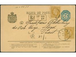 1877, GALATI 13.AUG.77 cds. in black on 5 b. postal stationery card used uprated with two 5 b. ochre, registration mark “Ra=1