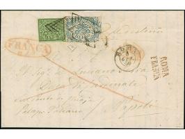 1856, 50 b. blue with 2 b. olive green tied by overlapping diamond cancellations on a complete, freshly preserved collector's