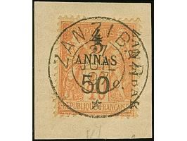 5 a. + 50 c. on 4 a. red-orange on salmon, Type VI Setting L-K-O, fresh colours, neatly tied by cds. “ZANZIBAR 27 JUIL. 97” t