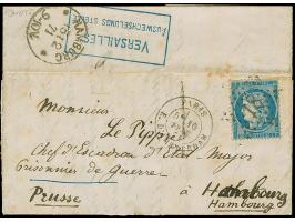 “VERSAILLES AUSWECHSELUNGS STELLE” in blue, excellent strike on entire letter from Paris with Cérès 20 c. blue tied by Dotted