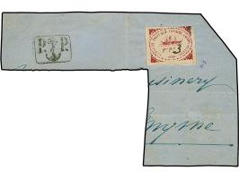 1858, Admiralty adhesive (-) in deep claret shade, imperforate with large margins on three sides and close but clear at upper