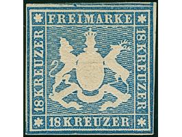 18 Kr. blau, schöne frische Farbe und gute Prägung, allseits breit-bis überrandig, oben mit Teil der Nachbarmarke und rechts 