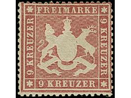 9 Kr. lilarot, schöne tiefe Farbe und gut gezähnt, schöne Wappenprägung, ungebraucht mit frischem Originalgummi, kleinen Anha