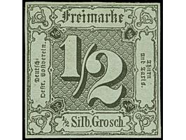 ½ Sgr. auf mattbläulichgrün, sehr schöne frische Farbe und allseits gleichmäßig breitrandig, ungebraucht mit Originalgummi. I