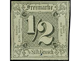 ½ Sgr. auf olivgrau (1.Auflage), frische Farbe und voll- bis überrandig, mit Teilen von 4 Nachbarmarken, ungebraucht mit Rest