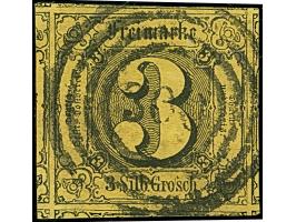 3 Sgr. auf maisgelb, allseits überrandig, mit Teilen aller 8 Nachbarmarken (sogenannter 'Kleiner 9er-Block'), zentrisch entwe