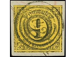 9 Kr. auf gelb, Type II, allseits überrandig, mit Teilen aller 8 Nachbarmarken (sogenannter 'Kleiner 9er-Block'), mit zentris