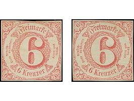 6 Kr. dunkelrosarot, 2 Einzelwerte in Type IA bzw. IB, beide farbfrisch und vollrandig, ungebraucht mit Originalgummi. Ein We