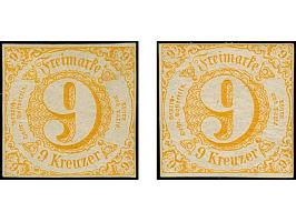 9 Kr. orangegelb, 2 Einzelwerte in Type I bzw. II, beide farbfrisch und vollrandig, ungebraucht mit Originalgummi. Ein Wert s