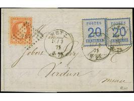 20 C. grauultramarine, Spitzen nach oben, zwei Stücke in Doppelfrankatur mit Napoleon 40 C. orange (minimal oxidiert) entwert