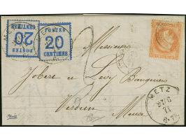 20 C. grauultramarine, Spitzen nach oben, zwei Stücke in Doppelfrankatur mit Napoleon 40 C. orange entwertet durch EKr. “METZ