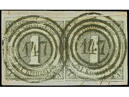 1 Kr. auf graugrün, waagerechtes Paar aus der rechten oberen Bogenecke, allseits überrandig, mit Teilen von 3 Nachbarmarken u