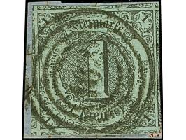 1 Kr. auf mattbläulichgrün, allseits überrandig mit Teilen aller 8 Nachbarmarken (sogenannter 'Kleiner 9er-Block'), mit Nr. "