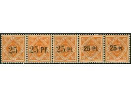 1916, 25 (Pf.) auf 25 Pfg. orange, waagerechter 5er-Streifen mit alle fünf verschiedenen Versuchsaufdrucken, ungebraucht, zwe