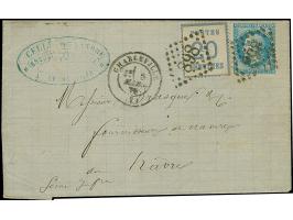 20 C. grauultramarine, Spitzen nach oben, in Doppelfrankatur mit Napoleon 20 C. blau, alle Marken entwertet durch französisch