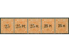 1916, 25 (Pf.) auf 25 Pfg. orange, waagerechter 5er-Streifen mit alle fünf verschiedenen Versuchsaufdrucken, ungebraucht, dre