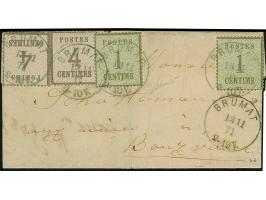 1870, 1 C. olivgrün sowie 4 C. lilagrau, je zwei Stücke sauber entwertet durch auf- und nebengesetztem EKr. “BRUMAT 13 11 71”
