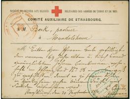 FRANCO-PRUSSIAN WAR: “COMITÉ AUXILIAIRE DE STRASBOURG” Private formula card addressed to Mundolsheim with large red ornamente