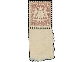 12 Kr. dunkelbraunpurpur, farbfrisch, sehr gut gezähnt und mit schöner Wappenprägung, unten mit breitem Bogenrand. Die Marke 