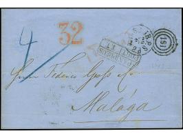 “SPAN./PREUS./PORT./T.T.”, Ra.2, sauber auf Briefhülle 1865 von Kopenhagen mit Duplex "181/S.J.JB.P.SP.B."nach Malaga