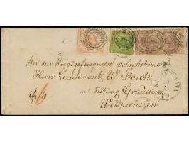 1863, 16 sk. lilac in horizontal pair, with 1857, 8 sk. green and 1864, oval issue 4 sk. red, tied by no. "1" with adjacent c
