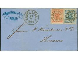 1864, Large oval type, 2 sk. blue and 4 sk. red, tied by no. "3" with adjacent "K.D.P.A. LÜBECK 27/7" to lettersheet to Horse
