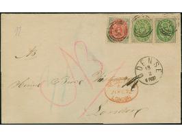 1870/74, 16 sk. green/grey, two copies, with 4 sk. red/grey, tied by no. "51" with adjacent c.d.s. "ODENSE 18 2" (1872) to 2n