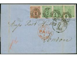 1858, coat of arms 5 ö. green , 3 copies, and 30 ö. brown, tied by Danish no. "1" with adjacent "FRA SVERRIG 22/2 1866", to s