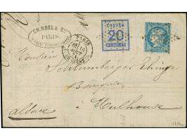 20 C. grauultramarine, Spitzen nach oben, in Doppelfrankatur mit Cérès 20 C. blau, die Marken entwertet durch Pariser Sternst