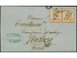 10 C. ockerbraun im waagerechten Paar, Spitzen nach oben, farbfrisch, sauber entwertet durch handschriftliche Entwertung “BAR