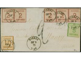 2 C. rotbraun im waagerechten 3er-Streifen und Paar, sowie 5 C. grün und 10 C. ocker braun, farbfrisch, sauber entwertet durc