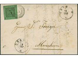 "51" GRABEN sauber auf 3 Kr. auf grün, teils berührt, mit zweimal nebengesetztem DKr. auf komplettem Faltbrief 1857 nach Mann