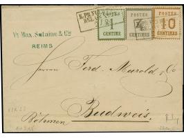 1 C. olivgrün, 4 C. lilagrau und 10 C. ockerbraun, Spitzen nach oben, sauber entwertet durch Rahmenstempel “K:PR:Feldpost Rel