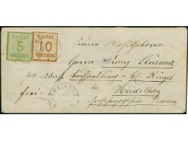 5 C. grün, Spitzen nach unten, sowie 10 C. ockerbraun, Spitzen nach oben, sauber entwertet durch EKr. “RODEMARCHEN 2 10 71” a